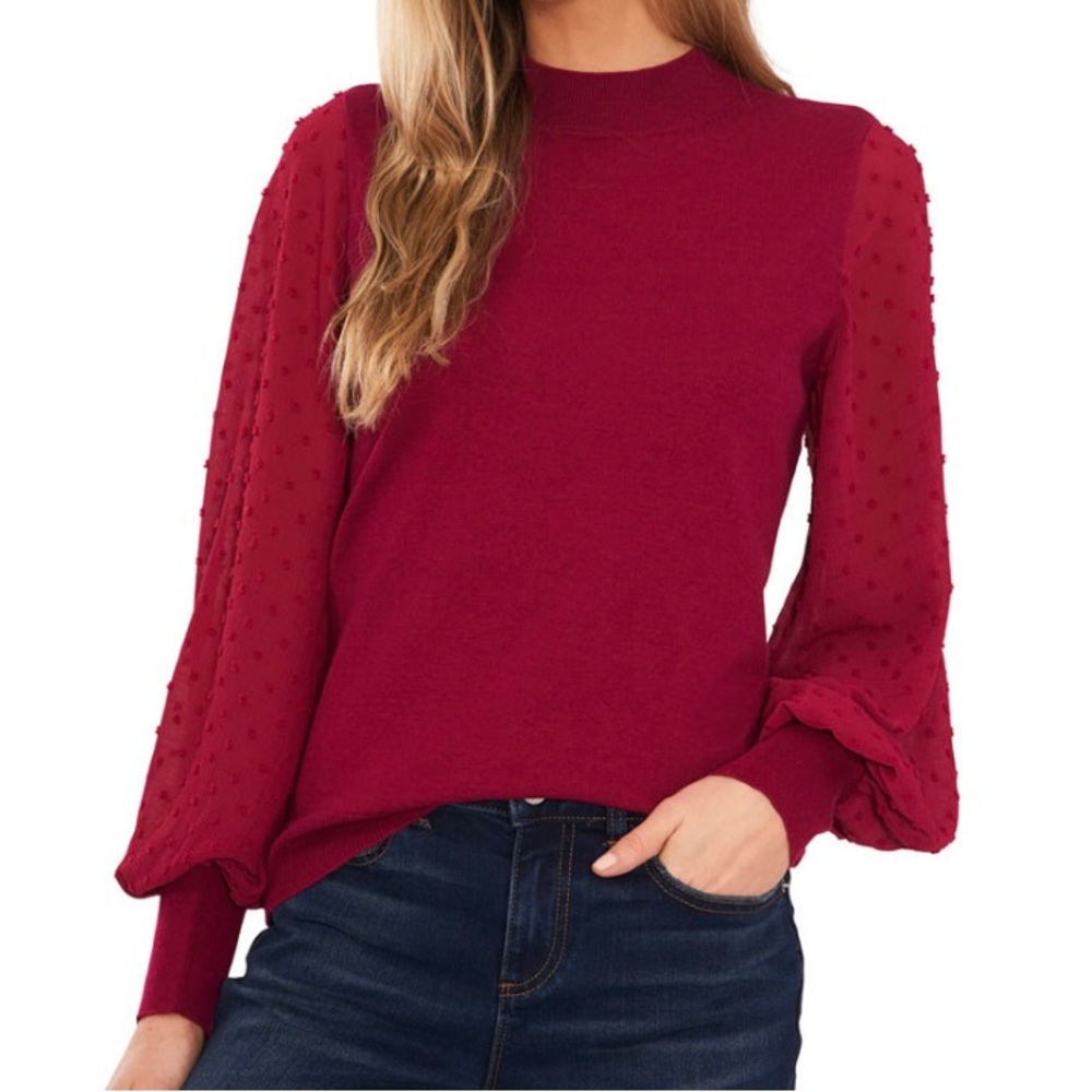 CeCe Women Sweater- Burgundy polka dot texture on sleeves with mockneck Size M